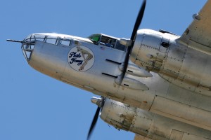 The Planes of Fame Museum’s B-25, Photo Fanny, makes a low-level pass during the salute to the Doolittle Raiders’ attack on Tokyo.
