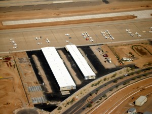 This aerial view of Wings Valet shows the two completed buildings of the hangar development’s first phase, totaling 60,000 square feet. Another 40,000 square feet of hangar space will open in June.