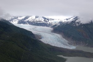 The Mendenhall Glacier ends its 12-mile journey at Mendenhall Lake, which in turn flows toward the coast.