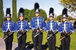 The trumpet section forms up for marching band competition in Safford, Arizona.