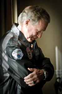 Retired Brig. Gen. Steve Ritchie pauses in reflection as he hears his life story read aloud at the 2008 Colorado Aviation Historical Society’s annual Hall of Fame induction ceremony. Ritchie, who is the last U.S. Air Force Ace, gave the keynote address.