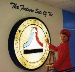 Zoe Dell worked tirelessly to have the new NAHF located within Wright Patterson AFB Museum. Here is Zoe Dell displaying “The Future Site of The NAHF” in July 1995.