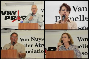 Speakers at the VNY Prop Association meeting (clockwise from upper left): AOPA Vice President Bill Dunn, AOPA Vice President Melissa Rudinger, VNY Airport Manager Selena Birk and Prop Park contractor Steve Argubright.